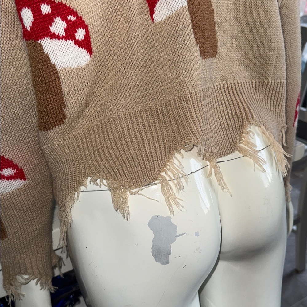Rue 21 Frayed Mushroom Pattern V Neck knit Sweater - Tan Red white - Picture 6 of 9